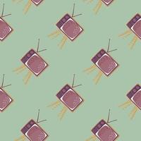 Display movie seamless pattern with pale purple tv set elements. Light green background. vector