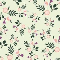 Doodle seamless pattern with hand drawn green leaves and pink apples. Light green background. vector