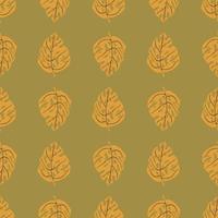 Botanic jungle seamless pattern with orange hand drawn monstera ornament. Pale green olive background. vector
