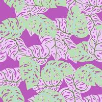 Abstract bright seamless pasttern with contoured monstera foliage shapes. Purple background. Doodle design. vector