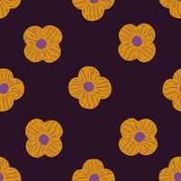 Decorative botanic seamless pattern with orange flower simple silhouettes. Purple dark background. vector