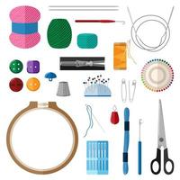 Set for handmade on white background. Kit for handicraft embroidery hoops, threads, yarn, needles,, thimble, buttons, pins, scissors, slider in style flat. vector