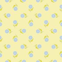 Light hand drawn seamless pattern with blue sunflowers elements. Yellow background. Summer print. vector