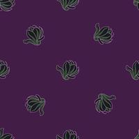 Green outline magnolia flowers shapes seamless doodle pattern. Purple background. Nature print. vector