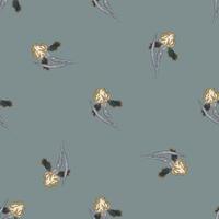 Hand drawn seamless pattern in minimalistic style with little iris flowers ornament. Pale blue background. vector