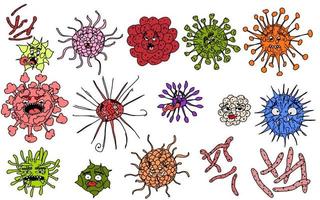 gracioso virus garabato bosquejo personajes brillante vector