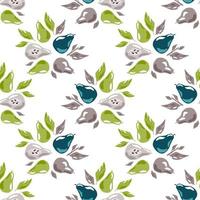 Isolated seamless botanic pattern with navy blue and light purple pear shapes and green leaves. White background. vector