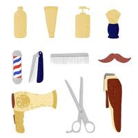 Set barbershop on white background. Abstract equipment for haircut moustache, razor, knife, electric shaver, brush, scissors, bottle, fan in doodle. vector