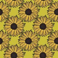 Seamless pattern sunflowers on green background. Beautiful texture with yellow sunflower and leaves. vector