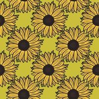 Seamless pattern sunflowers on green background. Beautiful texture with yellow sunflower and leaves. vector