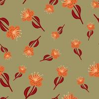 Seamless random pattern with botanic orange flowers random print. Green olive pale background. vector