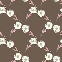 Geometric style seamless pattern with white colored chrysanthemum ornament. Brown background. Blossom backdrop. vector