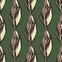 Abstract botanic seamless pattern with brown and pink colored leaf shapes. Green background. vector