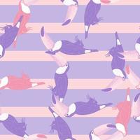 Seamless random pattern with purple and pink colored toucan birds shapes. Striped background. vector