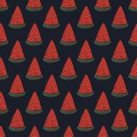 Healthy seamless pattern with red abstract watermelon slice ornament. Black background. Dark berry artwork. vector