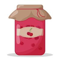 Glass jar of cherry jam with closed lid. Cute vector illustration