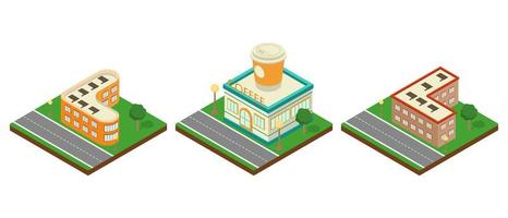 Modern isometric set buildings. Coffee shop, police, fitness center. Isometric icon or inforgraphic element. Flat vector illustration