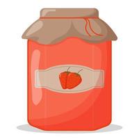 Glass jar of strawberry jam with closed lid. Cute vector illustration