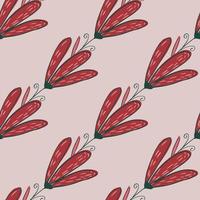 Abstract botanic bloom seamless pattern with hand drawn red flowers ornament. Light lilac background. vector