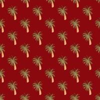 Hawaiian seamless pattern with beach palm tree ornament in green pale tones. Maroon background. vector