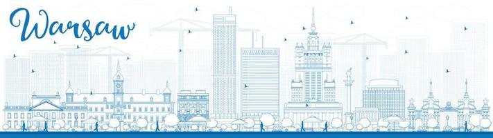 Outline Warsaw skyline with blue buildings. vector