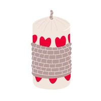 Cute hand drawn candle decorated with hearts and twine rope. Valentine's day decoration. Vector illustration for posters and greeting cards design isolated on white. Hand drawn flat style.