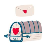 Mailbox and envelope decorated with heart and arrow. Love mail, post. Valentine's day decoration. Vector illustration for posters and greeting cards design isolated on white. Flat hand drawn style.