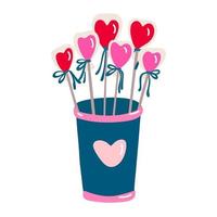 Heart shaped lollipop candies sticking out of a cup decorated with a heart. Valentine's day decor. Vector illustration for posters and greeting cards design isolated on white. Hand drawn flat style.