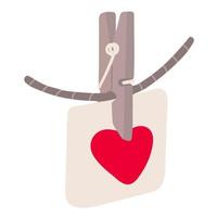 Love note decorated with heart with a clothespin on a rope. Valentine's day decoration. Vector illustration for posters and greeting cards design isolated on white. Hand drawn flat style.