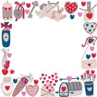 Square frame with Valentine's day decoration in hand drawn flat style. Social media square format. Illustration of hearts decorated with patterns, stars, polka dots. Isolated on white background. vector