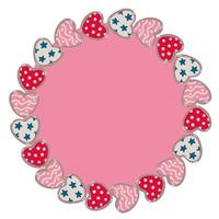 Vector round frame with Valentine's day decorations in hand drawn flat style. Illustration of hearts decorated with patterns, stars, polka dots. Pink background