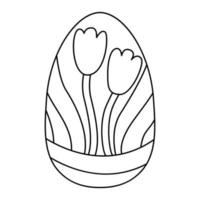 Cute egg decorated with spring tulip flowers. Great for Easter greeting cards, coloring books. Doodle hand drawn illustration black outline. vector