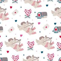 Vintage seamless pattern with cupids, mailboxes, love letters and hearts for Valentine's day on white. Great for fabrics, wrapping papers, wallpapers, covers. Pink, red and navy blue colors. vector