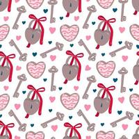 Vintage seamless pattern with keys, padlocks and hearts for Valentine's day or wedding on white. Great for fabrics, wrapping papers, wallpapers, covers. Pink, red and brown colors. vector