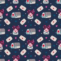Vintage seamless pattern with mailboxes, love letters and hearts for Valentine's day or wedding on dark. Great for fabrics, wrapping papers, wallpapers, covers. Pink, red, brown color vector