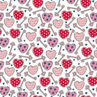 Seamless pattern with vintage keys and hearts decorated with patterns for Valentine's day, wedding on white. Great for fabrics, wrapping papers, wallpapers, covers. Pink, red, brown colors. vector