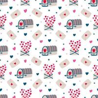 Vintage seamless pattern with mailboxes, love letters and hearts for Valentine's day or wedding on white. Great for fabrics, wrapping papers, wallpapers, covers. Pink, red, brown colors vector