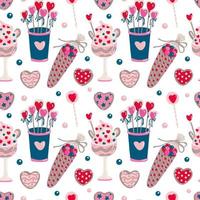 Seamless pattern with sweet food for Valentine's day on white. Dessert, candy and heart shaped cookie. Great for fabrics, wrapping papers, wallpapers, covers. Pink, red and indigo colors. vector