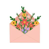 Envelope with flowers. Floral mail. Illustration for printing, backgrounds, covers, packaging, greeting cards, posters, stickers, textile and seasonal design. Isolated on white background. vector