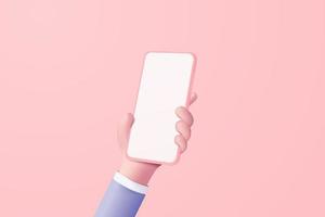 3D vector hand holding mobile phone isolated on pastel pink background, Hand using smartphone with empty screen for mockup mobile concept. showcase 3d display minimal scene with device smartphone