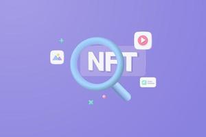 3d Concept of media file management. Searching image and video files in NFT database. Document management soft, document flow app, compound docs concept. 3d vector rendering magnifying NFT