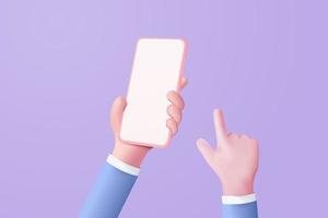 3D vector hand holding mobile phone isolated on pastel purple background, Hand using smartphone with empty screen for mockup mobile concept. showcase 3d display minimal scene with device smartphone