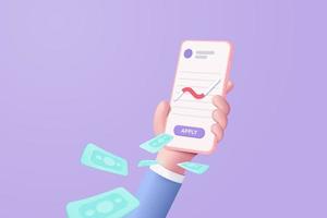 3D vector hand holding mobile isolated on pastel purple background. Hand using funding business graph on application under creative solution concept in 3D vector. 3d trading for business investment