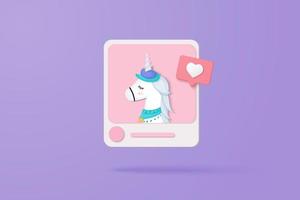 Concepto de plataforma en línea de medios sociales 3d, comunicación social en línea en aplicaciones, marco de fotos con unicornio e icono de emoji de amor, me gusta y juega en iconos 3d de burbujas rojas. concepto de renderizado vectorial 3d vector