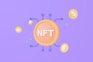 Cryptocurrency NFT 3d money transfer concept by blockchain technology, Futuristic background. Bundles cash and floating coins exchange on blue background. cashless society concept in 3d vector render