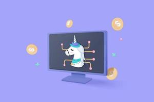 Concepto de criptomoneda 3d para archivos de imagen de unicornio en transferencia nft a dólar mediante tecnología blockchain, fondo futurista. intercambio de efectivo y criptografía flotante. concepto de sociedad sin efectivo en vector 3d