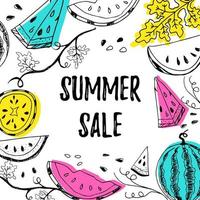 Summer sale offer banner postcard lettering text with hand drawn watermelons and colored shapes vector illustration. Summer sale flyer or banner or leaflet concept template.