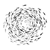 Silhouettes school of fish with marine life of various sizes swimming fish in the circle. vector