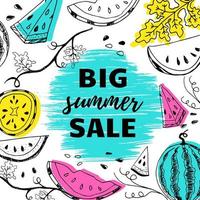 Summer sale offer banner postcard lettering text with hand drawn watermelons and colored shapes vector illustration. Summer sale flyer or banner or leaflet concept template.