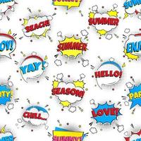 Seamless Comic Lettering Summer In The Speech Bubbles Comic Style Flat Design pattern. Dynamic Pop Art Vector Illustration Isolated On White Background.